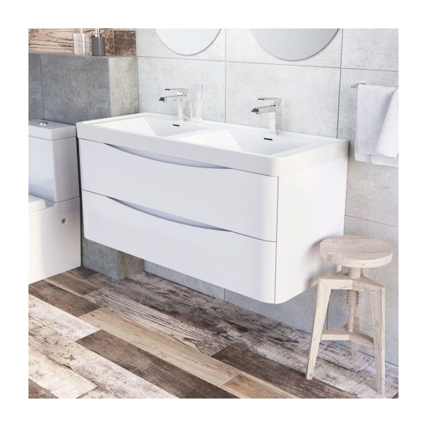 Envy 1200mm Wall Mounted Gloss White Luxury Double Basin Vanity Unit - Motiv 1200 Wall Mounted Double Basin Vanity Unit