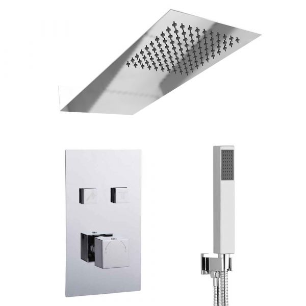 Square Chrome Concealed Shower Pack Blade Head & Push Button Valve with Handset