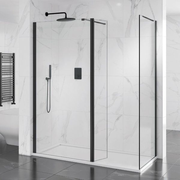 Nero Vision 1100 x 700 10mm Black Hinged Walk In Shower Enclosure Inc Tray 