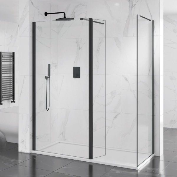 Nero Vision 1100 x 900 10mm Black Hinged Walk In Shower Enclosure Inc Tray 